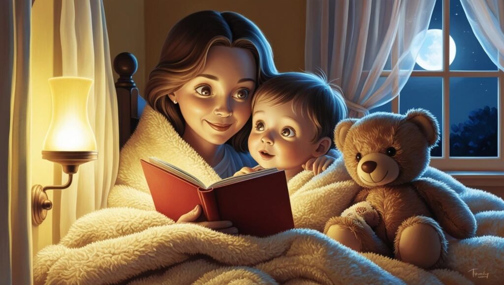 bedtime scene with a mother reading a storybook